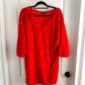 Chic Red Mini Sweater Dress with Sequin Embellishments and 3/4 Dolman Sleeves